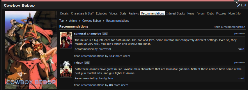 Screenshot of recommendations on MyAnimeList